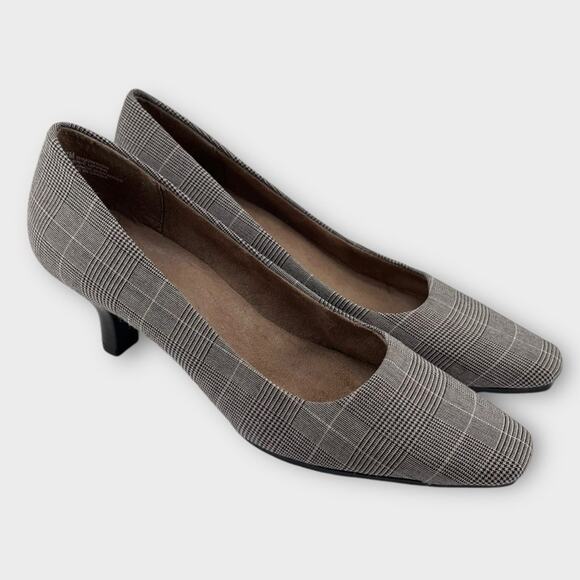 AEROSOLES Glen plaid low heels size 7 black/tan career office work preppy - Picture 3 of 7